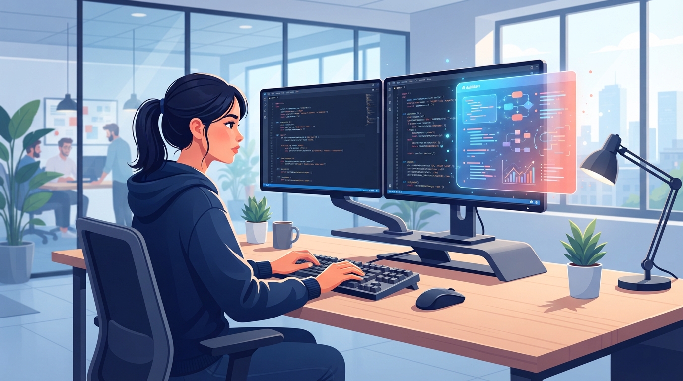 Программист анализирует код на Python с помощью умного ИИ-помощника на мониторе